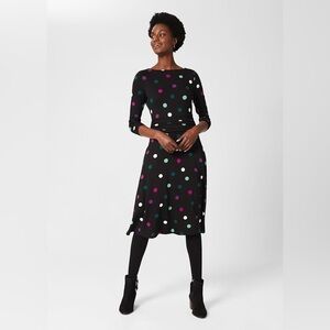 HOBBS Roisin Jersey Dress Black Multi Polka Dot US 8